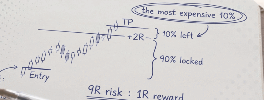 Hand-drawn pen chart: a bullish move from entry to +2R with 90% locked and the last 10% to TP circled as 'the most expensive 10%', with a 9R risk to 1R reward note.