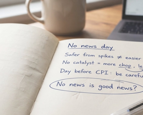 Open trading journal on a wooden desk with handwritten notes under the heading "No news day": safer from spikes is not easier to trade, no catalyst means more chop, be careful the day before CPI.