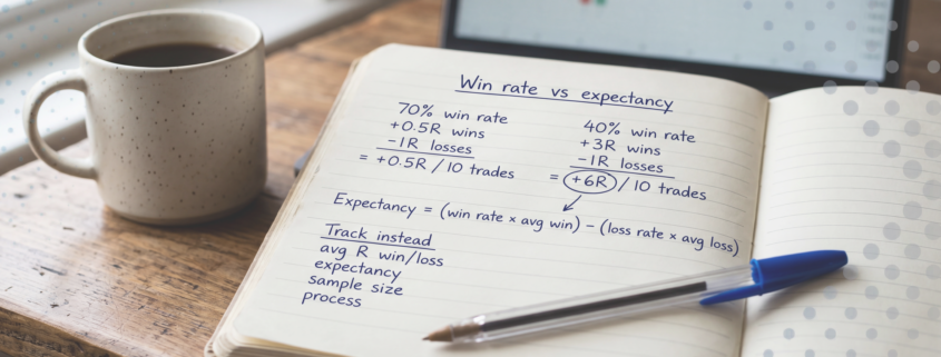 Open notebook on a wooden desk with dark blue handwritten notes headed Win rate vs expectancy, comparing a 70% and a 40% win rate, an expectancy formula and a Track instead list, beside a blue Bic pen and a coffee mug, with a calm candlestick chart on a laptop behind.