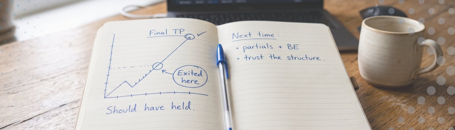 Handwritten trading notebook showing an early exit marked before the final take profit, with a note reading "should have held"