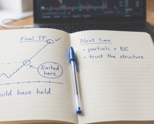 Handwritten trading notebook showing an early exit marked before the final take profit, with a note reading "should have held"