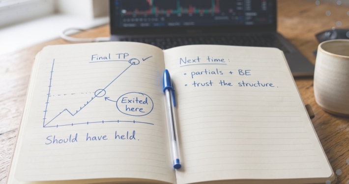 Handwritten trading notebook showing an early exit marked before the final take profit, with a note reading "should have held"