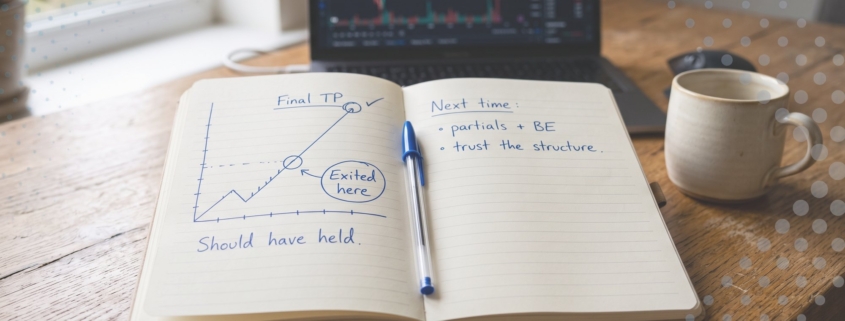 Handwritten trading notebook showing an early exit marked before the final take profit, with a note reading "should have held"