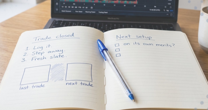 A trading journal listing a reset ritual: log it, step away, fresh slate