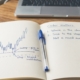 A hand-drawn candlestick chart in a journal with a stop placed beyond the swing low
