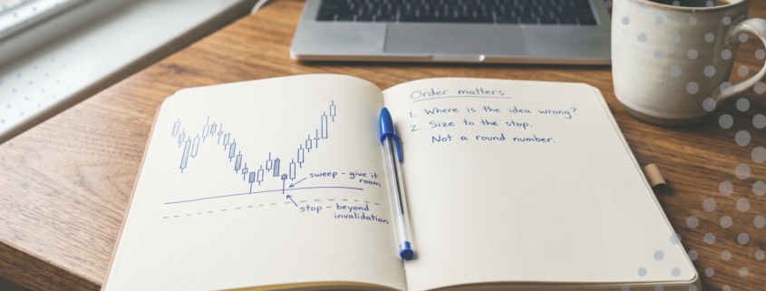 A hand-drawn candlestick chart in a journal with a stop placed beyond the swing low