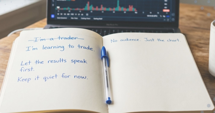 A trading journal reading I'm learning to trade beside a laptop chart on a wooden desk
