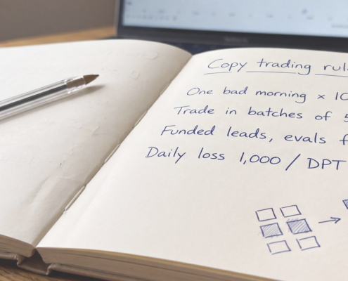 Handwritten journal page headed Copy trading rules: one bad morning x 10 accounts, batches of 5 to 10, funded leads and evals follow, daily loss 1,000 with the 1,500 DPT circled.