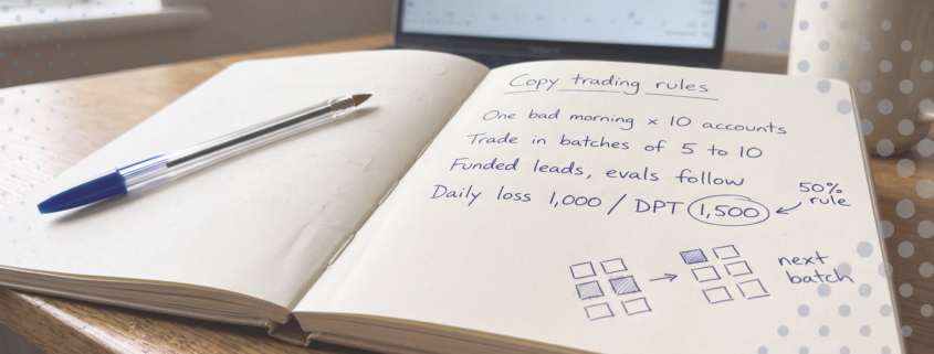 Handwritten journal page headed Copy trading rules: one bad morning x 10 accounts, batches of 5 to 10, funded leads and evals follow, daily loss 1,000 with the 1,500 DPT circled.