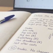 An edge written as a testable statement Notebook page headed Define the edge with a written rule about a sweep of the prior day high closing back below within two candles on the 15 minute chart, a hand-drawn candlestick sketch labelled PDH, stop and target, and a list of figures to record including trades, win rate, average win and loss in R, expectancy, maximum drawdown and net after costs.