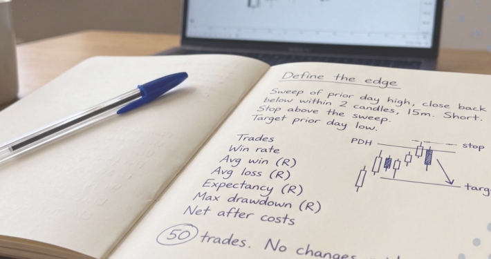 Notebook page headed Define the edge with a written rule about a sweep of the prior day high closing back below within two candles on the 15 minute chart, a hand-drawn candlestick sketch labelled PDH, stop and target, and a list of figures to record including trades, win rate, average win and loss in R, expectancy, maximum drawdown and net after costs.
