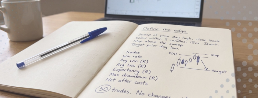Notebook page headed Define the edge with a written rule about a sweep of the prior day high closing back below within two candles on the 15 minute chart, a hand-drawn candlestick sketch labelled PDH, stop and target, and a list of figures to record including trades, win rate, average win and loss in R, expectancy, maximum drawdown and net after costs.