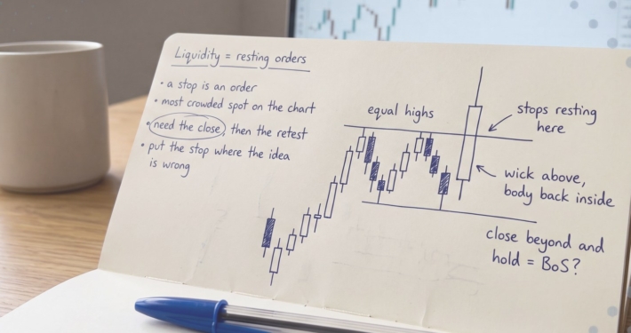 Notebook page headed Liquidity equals resting orders with notes that a stop is an order and that the obvious level is the most crowded spot on the chart, beside a hand-drawn candlestick sketch of two equal highs with a wick pushing above the level and the body closing back inside.
