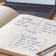 Notebook page split into two columns, Written listing every valid signal, 1% risk and a plus 3R target, against Executed listing the ones I took, sized up after losses and closed at plus 1R, with an arrow between them labelled the gap, and a boxed two-week log listing taken or skipped, reason at the time, session and time, and risk and exit versus plan.