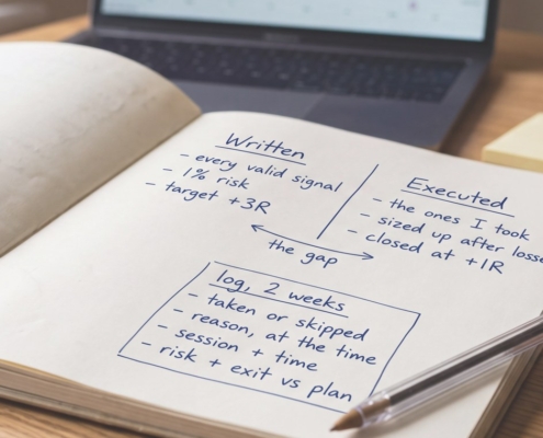 Notebook page split into two columns, Written listing every valid signal, 1% risk and a plus 3R target, against Executed listing the ones I took, sized up after losses and closed at plus 1R, with an arrow between them labelled the gap, and a boxed two-week log listing taken or skipped, reason at the time, session and time, and risk and exit versus plan.